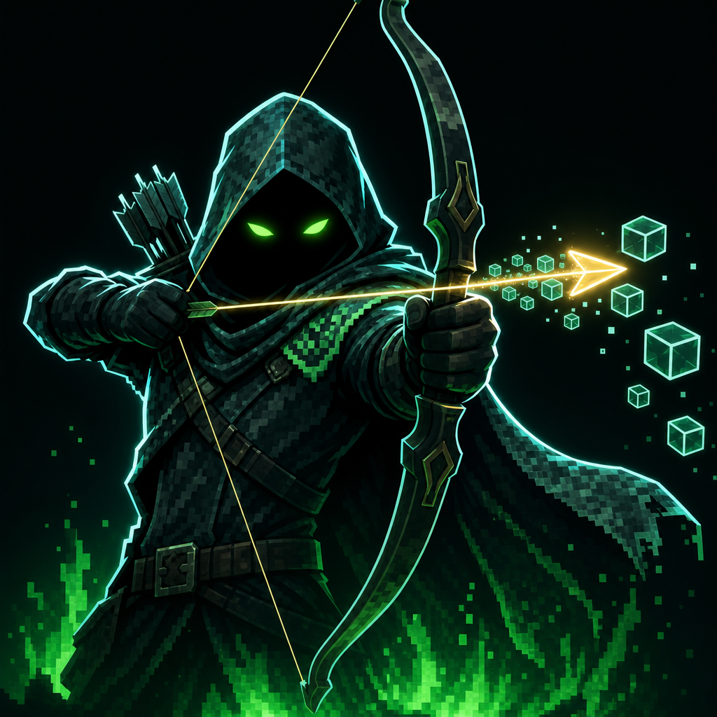 Hooded archer mascot drawing a golden arrow